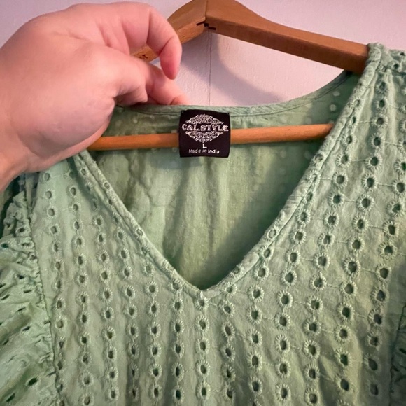 Cal Style Women's L Mint Green Eyelet Lace Elbow Sleeve Cotton Summer Midi Dress - Picture 2 of 4